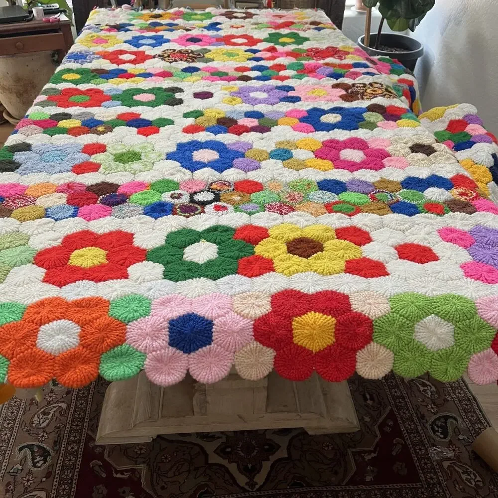 Vintage Grandmother's Flower Garden Crochet Afghan Blanket 79” x 84” Thick